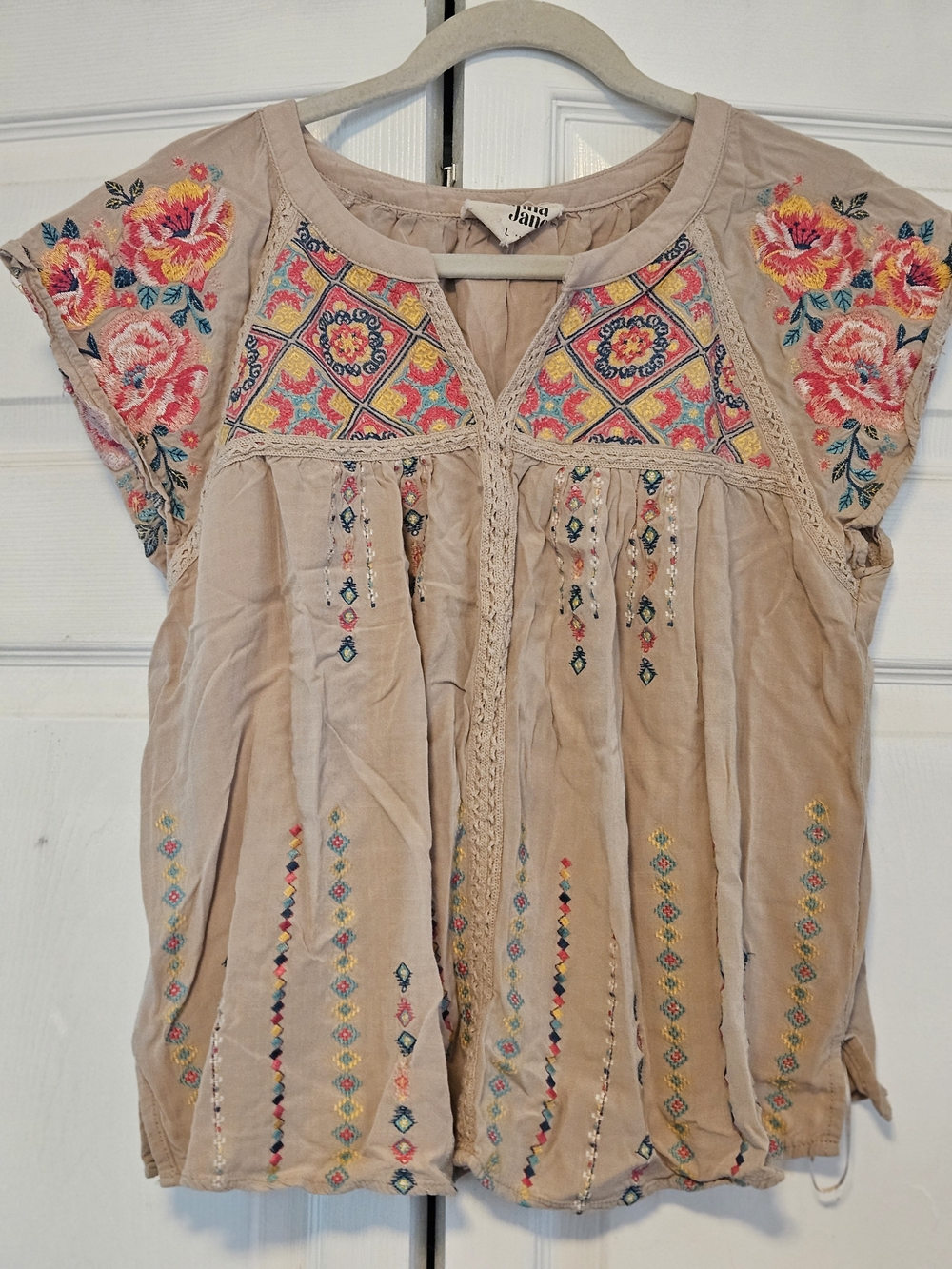 Boho Embroidered Short Sleeve Top - Taupe with Multicolor Accents